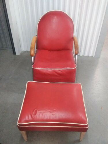 Art Deco Red Vinyl Chrome Retro Pub Chair & Stool