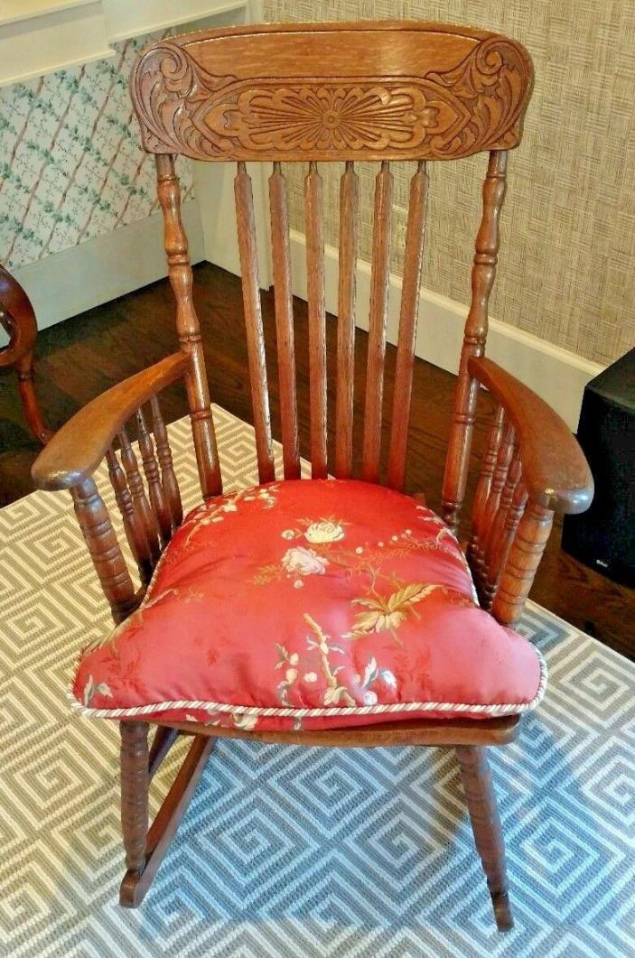 EUC American Antique Pressed Oak Wood Rocking Chair circa 1920; includes cushion