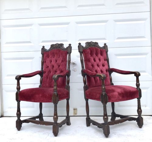 Pair Gothic Throne Armchairs In Red Velvet