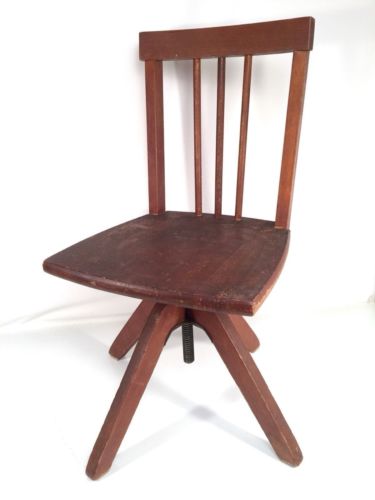 Childs Wooden Desk Chair Vintage Swivel Adjustable Height Secretary Workstation