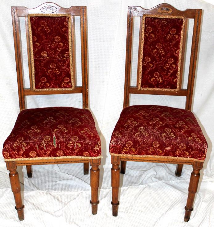 Pair of Antique High Back Red Velvet Quartersawn Walnut Side Chairs