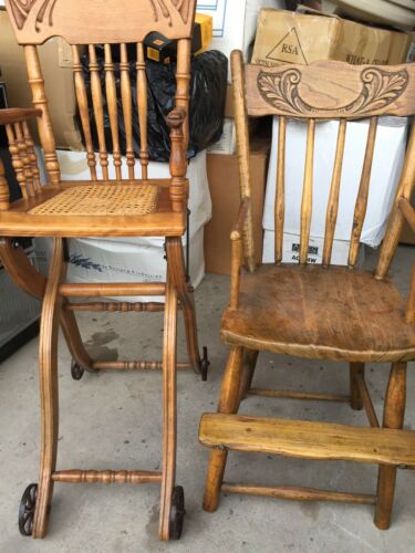 2 Nice Vintage Carved Wood Children’s Kids Toddler High Feeding Chairs