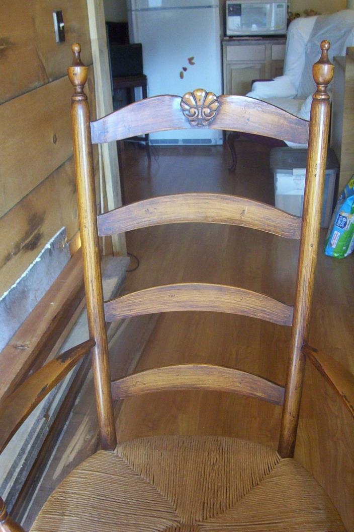 Vtg Antique Colonial Mom/Dad Ladderback Chair, Rush Seat, 4 Slat Arm Chair RARE!