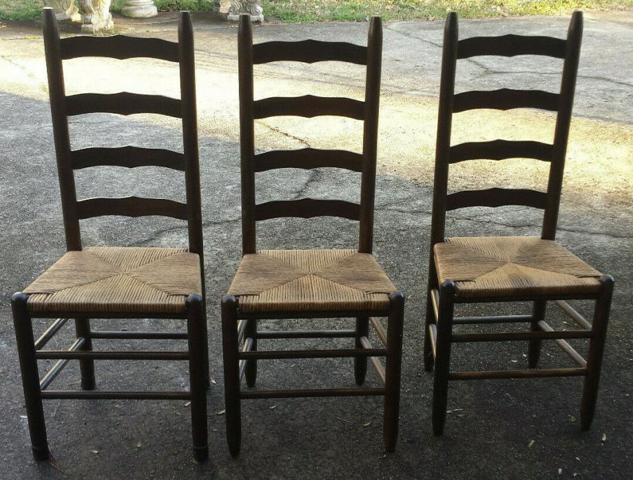 Antique Oak & Rush Shaker Style Ladderback Chairs-Set of 3 Dinning Room Chairs