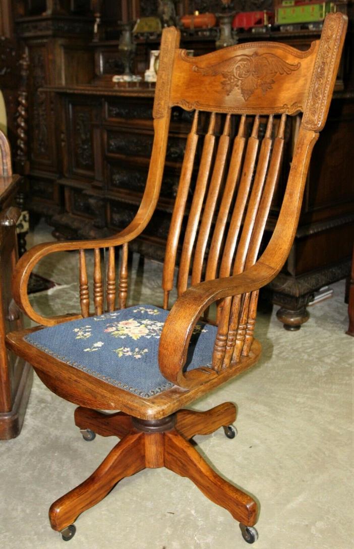 Antique American Oak Office Rolltop Desk High Back Arm Chair Circa 1890