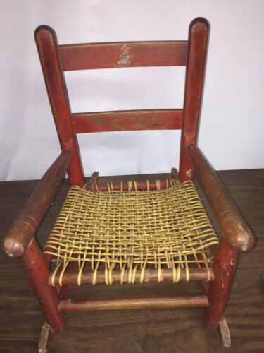 BEAUTIFUL ANTIQUE VTG CHILD’S CANE WOVEN WOODEN ROCKING CHAIR W/ ORIGINAL DECAL