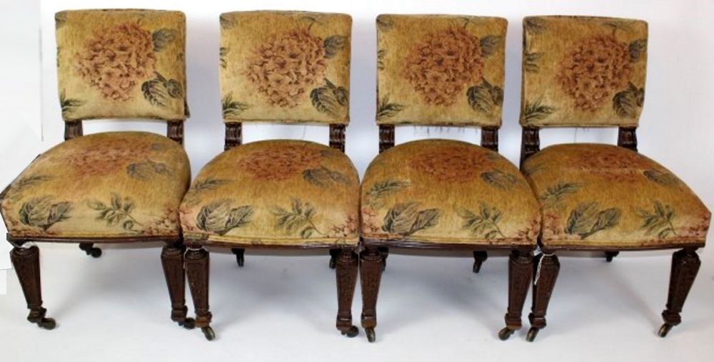 Set of Four 1920s Farthingale Chairs with Chenille Upholstery & Casters
