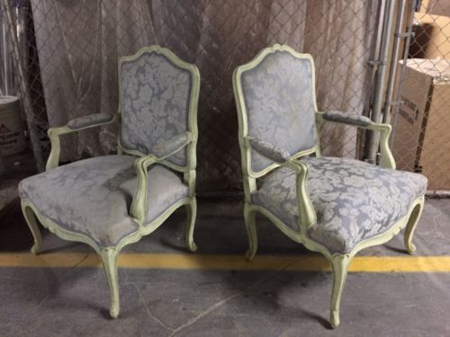 Vintage Pair of French Louis XV Style Painted Fauteuils Decorator Damask Chairs