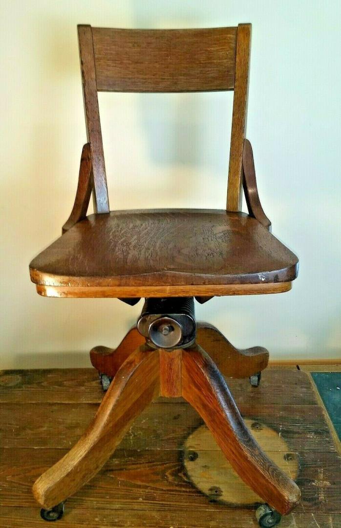 Antique Oak Mission style Swivel Chair Industrial Bankers Desk Office school