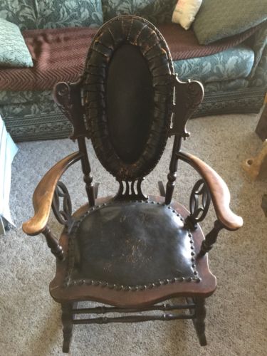 Antique Vintage Ornate Wood Rocker Leather Upholstered Seat & Back