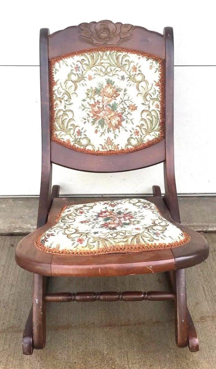 Victorian Rocking Chair Folding Wood Oak Rocker Floral Rose Tapestry Antique