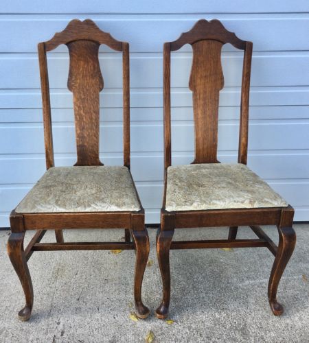 Pair Vintage Antique Tiger Oak T Back Claw Foot Chairs