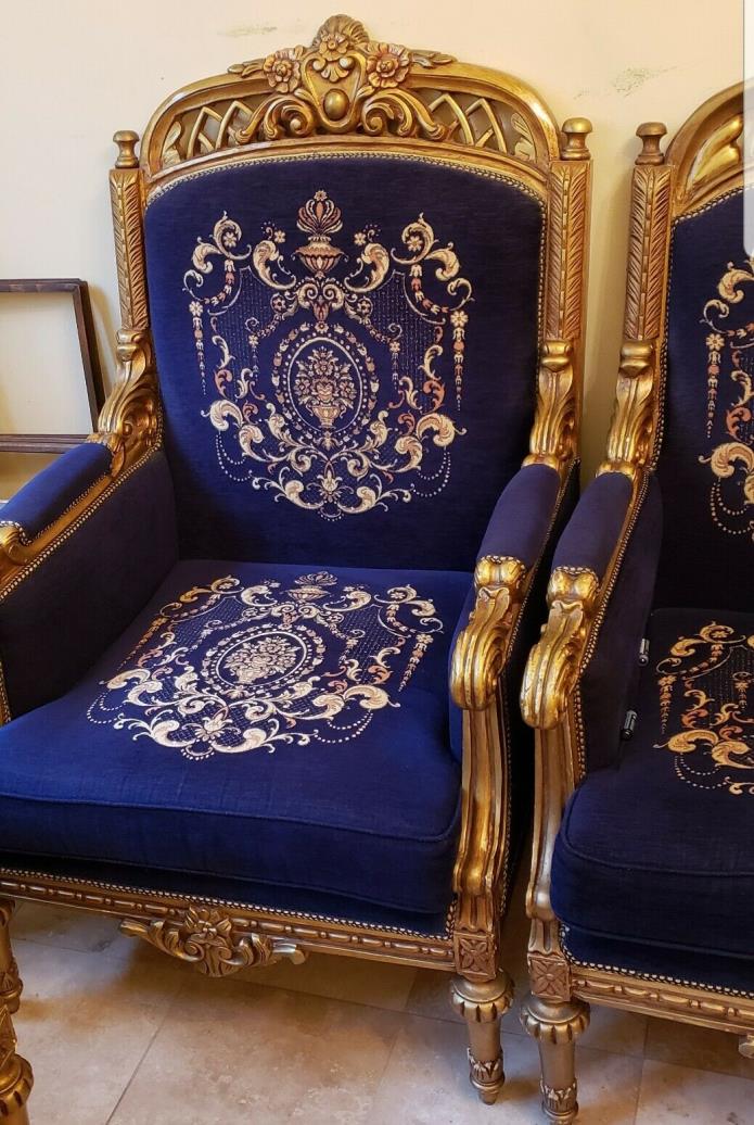 VINTAGE FRENCH LOUIS CARVED GILTWOOD ARM THRONE CHAIR NAVY BROCADE 2 AVAILABLE