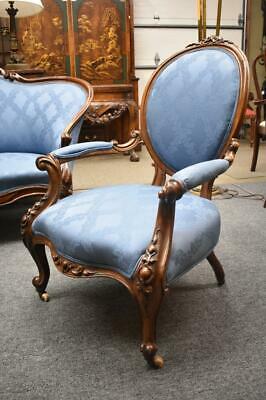 ANTIQUE VICTORIAN CARVED WALNUT PARLOR CHAIR IN WEDGWOOD BLUE
