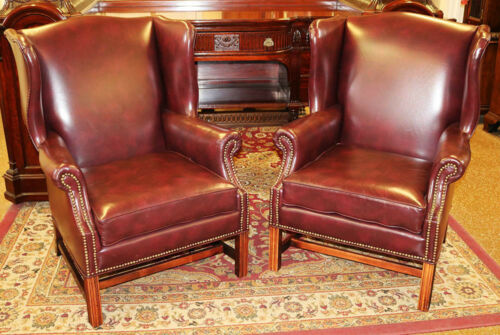 Stately Pair Burgundy Genuine Top Grain Leather Wing Fire side Office Chairs