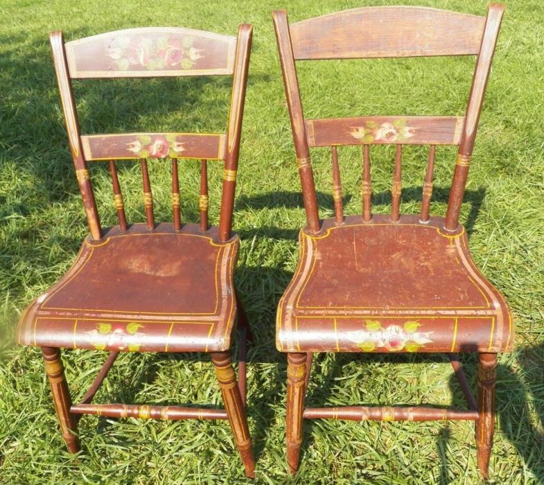 Set 2 Antique Plank seat decorated Chairs 1/2 spindle backs brown with Flowers