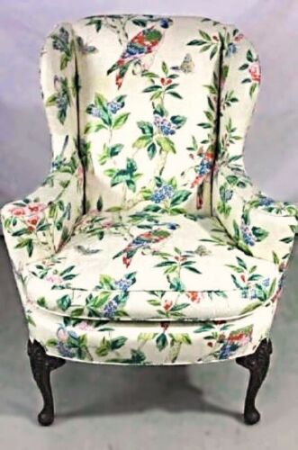 Parrot Exotic Upholstered Wingback Armchair Ottoman Chair Mid Century Modern