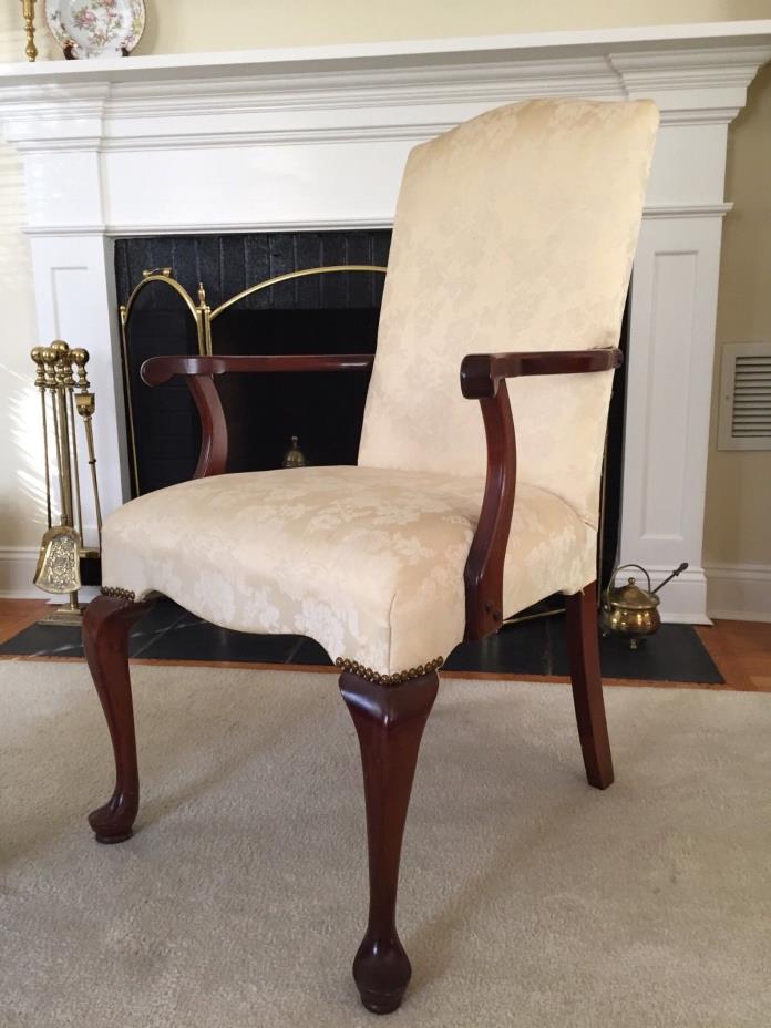 Queen Anne armchair upholstered in ivory damask