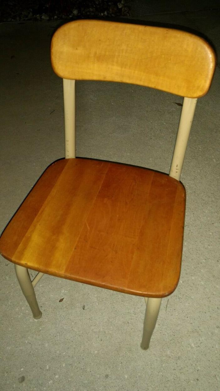 Antique Childs Tan Metal & Solid Wood School Chair - from East Meadow Schools