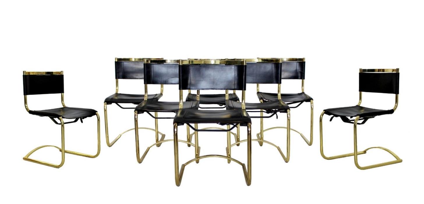 Mid Century Modern 8 Brass Black Leather Side Dining Chairs Breuer Mies Era