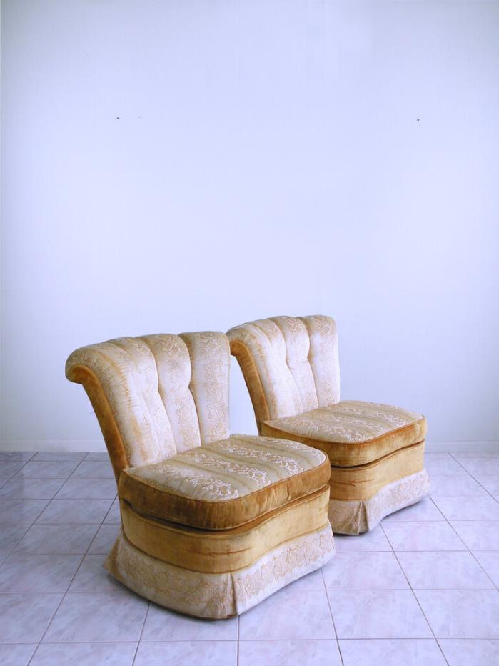 dorothy draper mid century HOLLYWOOD REGENCY tufted CHANNEL BACK slipper chairs