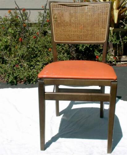 Stakmore Portable Wood Folding Chair Vinyl & Caning Vintage 1950s Dining Patio