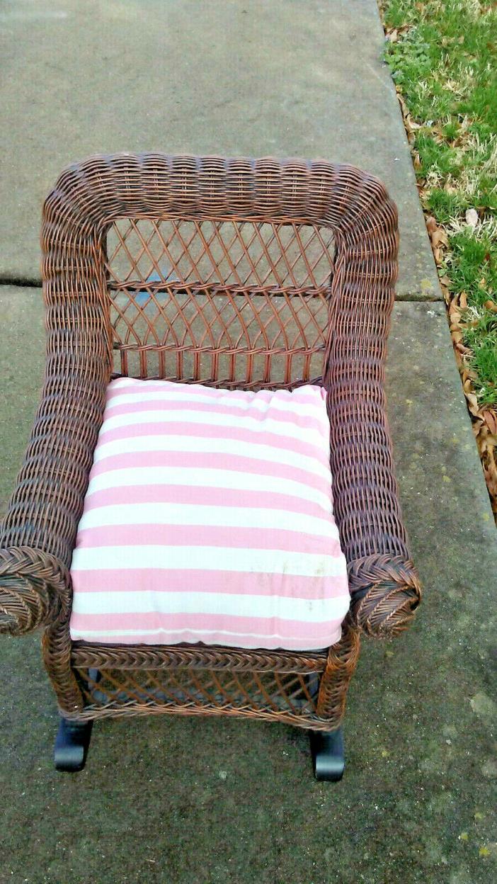 Vintage Wicker And Wood  Child Rocking Chair Brown With pink and White Pillow