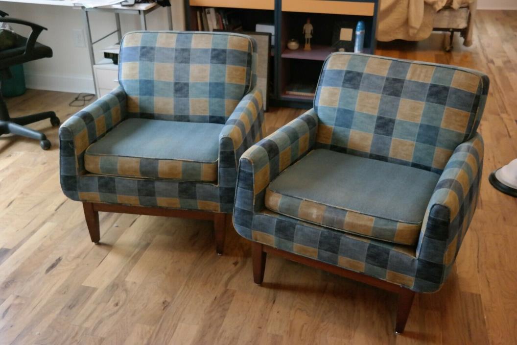 2 Vintage Denim plaid Chairs Mid Century Modern Richmond Art Co