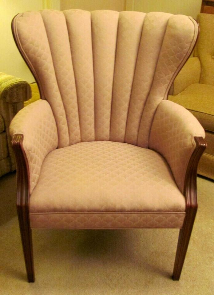 Vintage PINK Fan Wing Back Upholstered Side Chair Tapered Legs