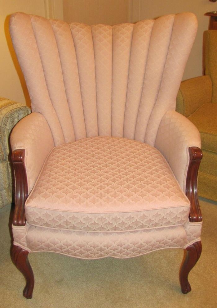 Vintage Fan Wing Back Upholstered Side Chair Queen Anne Cabriole Legs Pink
