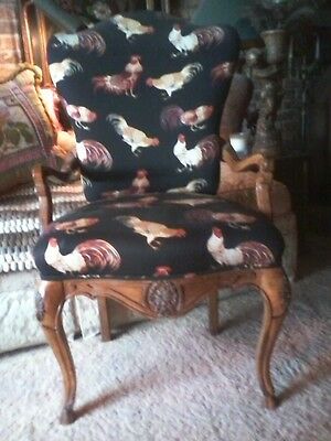 Vintage French Country Chair Black Fabric/Rooster Print + Lumbar Pillow $575.00