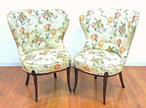 Pair 2 Fireside Fan Back Floral Side Chairs Armchairs Dining Settee Sofa Vintage