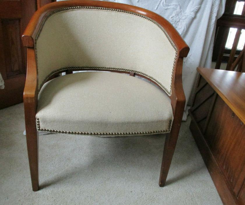 Vintage Mid Century HARVEY PROBBER Cherry Wood & Upholstery Barrel Lounge Chair
