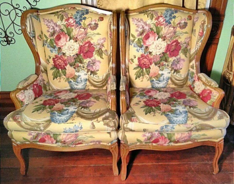 Pair Custom Vintage Louis XVI French Provincial Chairs Bergere Yellow Floral