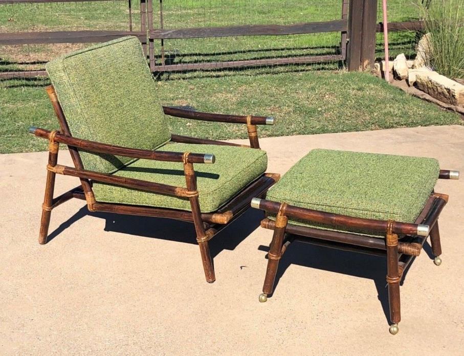 30233 Mid Century Fisk Reed Co Paul McCobb Rattan Chair & Ottoman with Cushions