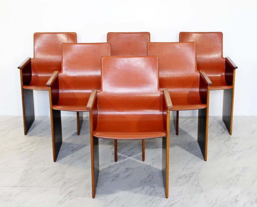 Mid Century Modern 6 Wood Leather Armchairs Tobia Scarpa for B&B Italia Attr.