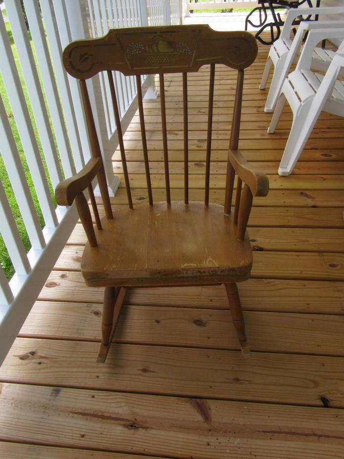 Vintage Childs Wooden Rocking Chair w Stencil Detail Possibly Pear and Peas