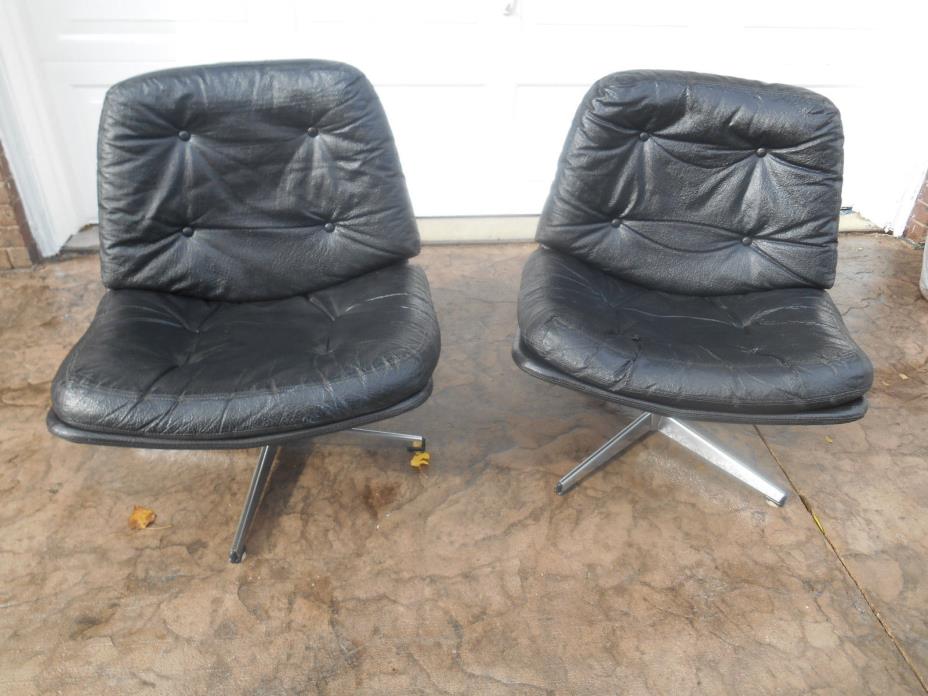 Pair of Mid-Century Modern Low Black Swivel Chairs w Chrome Base Baughman Era