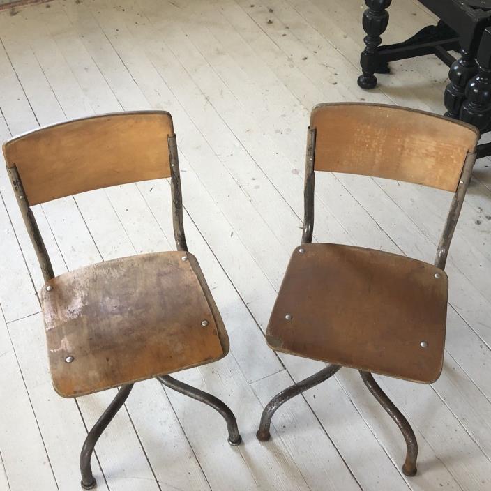 VNTGE Matching Pair of Children’s Very Small Wood/Metal School Chair Curved Legs