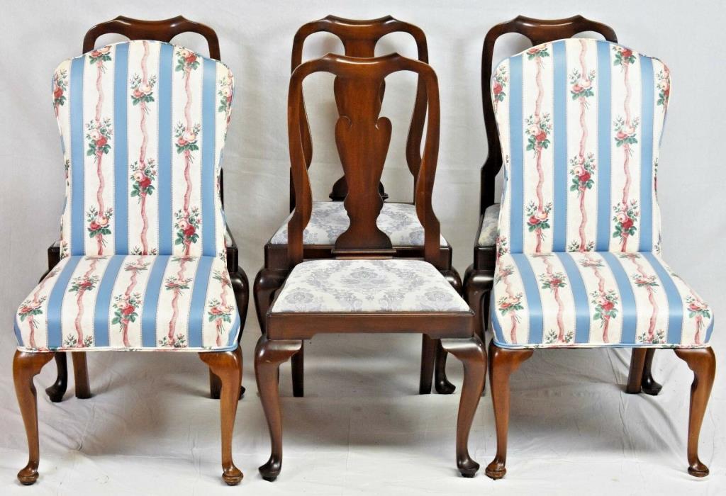 Set of Six HENKEL HARRIS Mahogany Dining Room Chairs Blue Damask Fabric #110