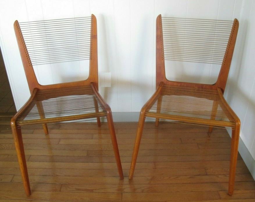 PAIR JACQUES GUILLON WALNUT CORD CHAIRS mid century modern string
