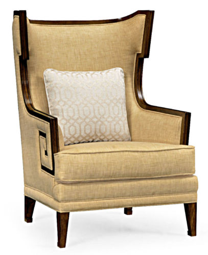 Pair Greek Key Biedermeier Style Solid Walnut LARGE Lounge Club Fireside Chairs
