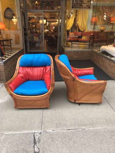 Mid-Century Pair Rattan Bamboo Swivel  Arm Chairs