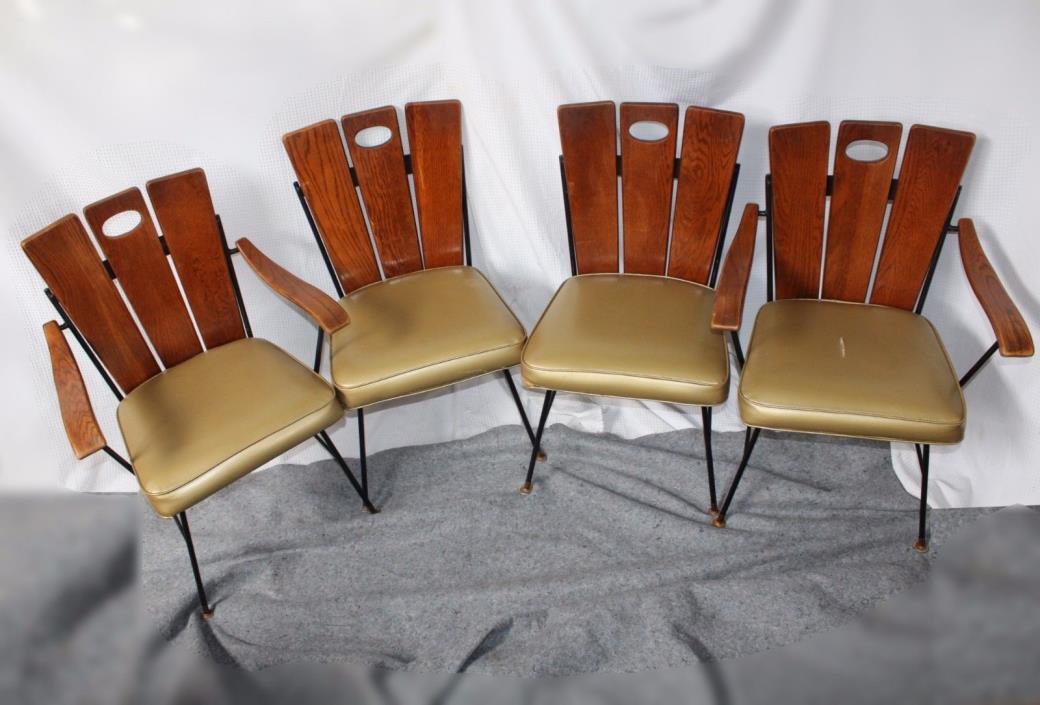 Set of 4 Vintage Mid-Century Modern Oak Slat Back Chairs with Upholstered Seats