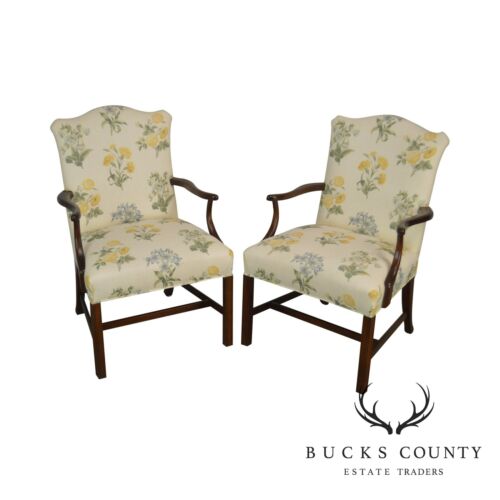 Chippendale Style Mahogany Floral Upholstered Armchairs
