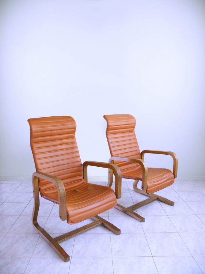 60s THONET mod vinyl danish CANTILEVER highback bentwood SPACE AGE lounge chairs