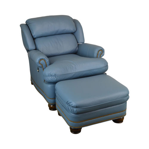 Hancock & Moore Light Blue Leather Recliner Club Chair with Ottoman