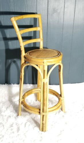 Vtg mid century rattan bamboo tiki accent barstool vanity chair plant stand