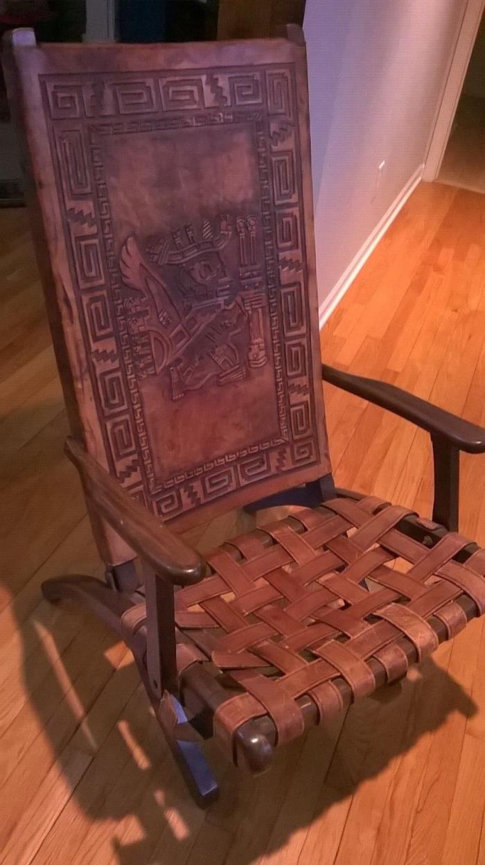 1950s-1970s? Embossed Leather Folding Chair-Hand Tooled Aztec/Inca Design-Peru