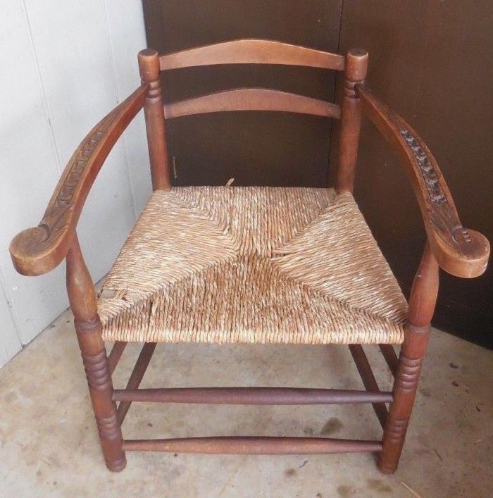 Old American Chair w/ Rush Seat, Carved Arms ~  Primitive Antique Rustic